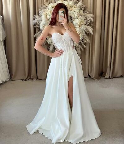 A-line Floral Wedding Gown Wedding Dress, Embroidery Tulle Wedding Gown Bridal Dress