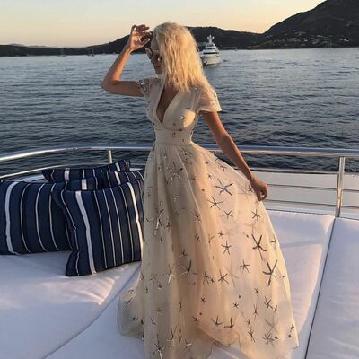 Light champagne a line stars lace prom dress party gown evening dress