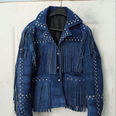 Crafted leather women's blue suede leather studded jacket with beads & studs - Thumbnail 5