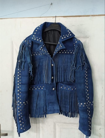 Crafted Leather Women's Blue Suede Leather Studded Jacket with Beads & Studs