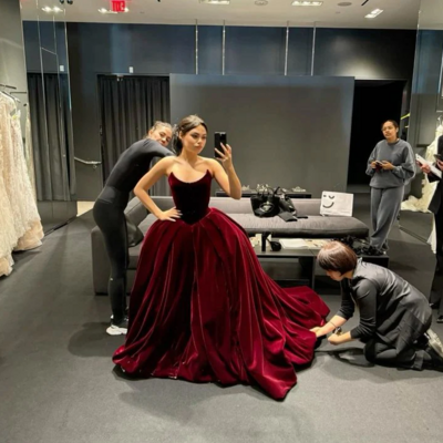 Elegant burgundy velvet ball gown prom dress with lace up