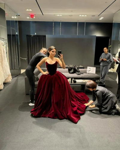 Elegant Burgundy Velvet Ball Gown Prom Dress With Lace Up