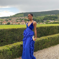 Blue V Neck Ruffled Slim Long Chiffon Evening Dresses With Velvet - Thumbnail 1