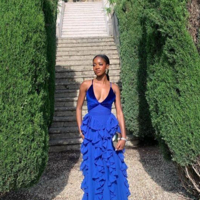 Blue v neck ruffled slim long chiffon evening dresses with velvet