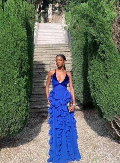 Blue V Neck Ruffled Slim Long Chiffon Evening Dresses With Velvet