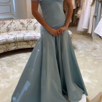 Simple blue off shoulder a line prom dresses