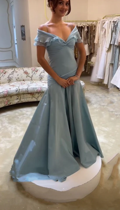 Simple Blue Off Shoulder A Line Prom Dresses