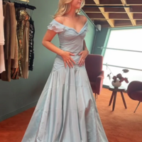 Simple Blue Off Shoulder A Line Prom Dresses - Thumbnail 1