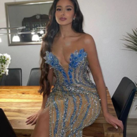 Gorgeous Sexy V Neck Slit Beading Prom Dresses - Thumbnail 3