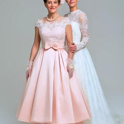 Simple pink a line lace tea-length mother of the bride/groom dress evening formal prom dress