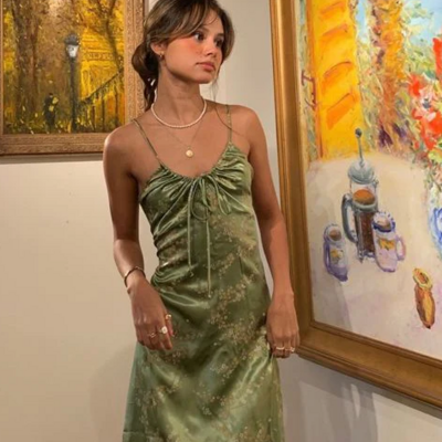 Vintage green satin tea length party dresses - Thumbnail 1