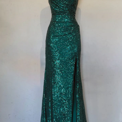 Simple green sequin slit evening dresses - Thumbnail 2