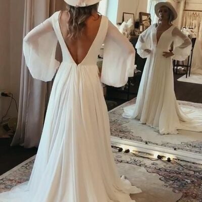 A-line v-neck wedding gown wedding dress, backless chiffon wedding gown bridal dress