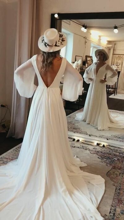 A-line V-neck Wedding Gown Wedding Dress, Backless Chiffon Wedding Gown Bridal Dress