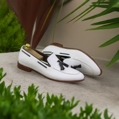 White Leather Tassel Loafer Slip on Shoes for Men's Fashion Shoes