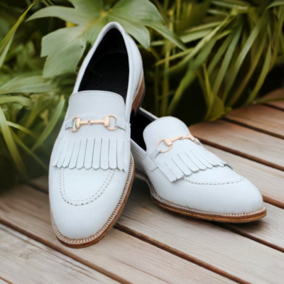 White fringe buckle loafer leather slip on shoes for men white dress shoes