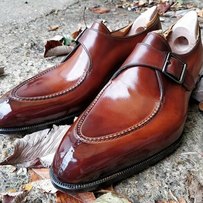 Handmade men brown patina leather monk strap dress shoes - Thumbnail 1