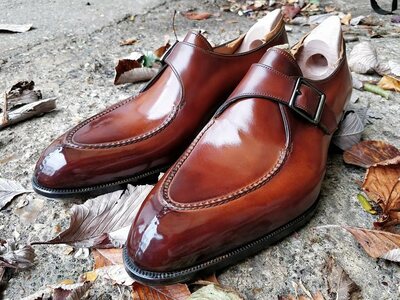 Handmade Men Brown Patina Leather Monk Strap Dress Shoes