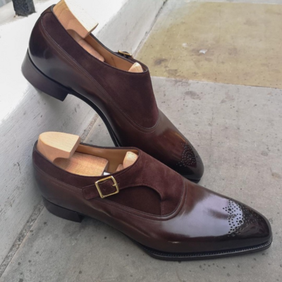 Handmade brown/suede patina leather monk strap dress shoes - Thumbnail 2