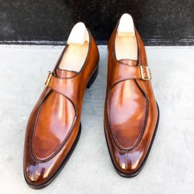 Handmade men tan patina leather dress shoes - Thumbnail 3
