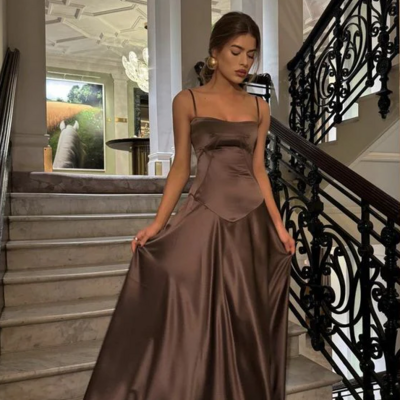 Spaghetti straps brown a line prom dresses with lace up - Thumbnail 1