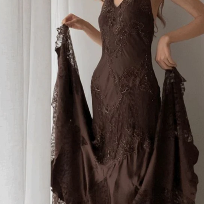 Vintage halter mermaid sleeveless brown lace prom dresses - Thumbnail 1