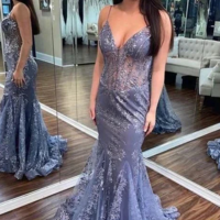Charming Mermaid V Neck Lace Prom Dresses - Thumbnail 3