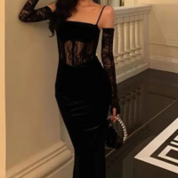 Spaghetti Straps Velvet Lace Red Evening Party Dresses - Thumbnail 1