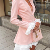 Women'S Design Sexy V-Neck Ruffled Patchwork Dress - Thumbnail 2