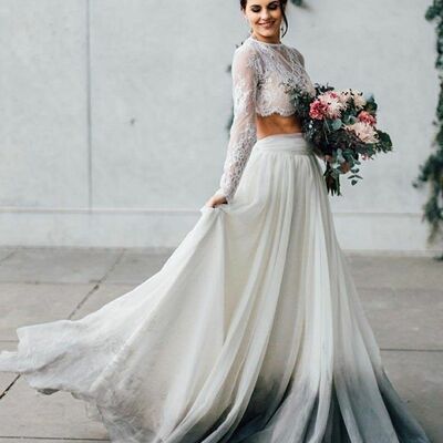A line two pieces ombre gray long sleeve wedding dress bridal gown wedding gown