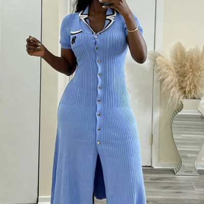 Elegant knit button-up dress - blue