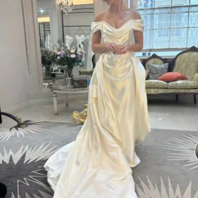 Off the shoulder a-line satin prom dresses 