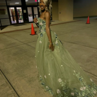 Sweetheart Green Tulle Long Prom Dress with Appliques - Thumbnail 2