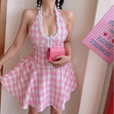 Sweet Plaid V-neck Halter Slim Waist Dress