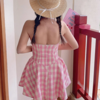Sweet Plaid V-neck Halter Slim Waist Dress - Thumbnail 4