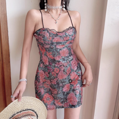 Rose sequin hot girl sexy suspender hip skirt short skirt dress