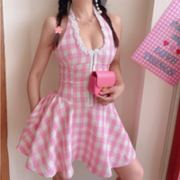Sweet Plaid V-neck Halter Slim Waist Dress - Thumbnail 7