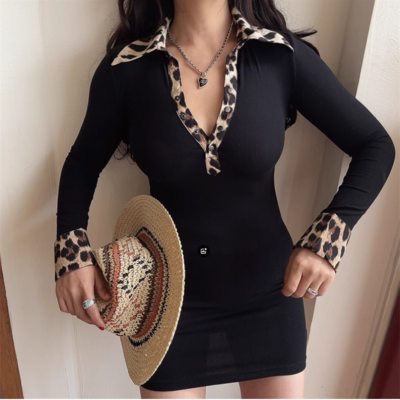 Retro leopard print contrast elastic slim fit hip skirt dress