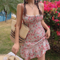 Drawstring bow tie floral print slim fit holiday suspender dress - Thumbnail 1