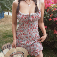 Drawstring bow tie floral print slim fit holiday suspender dress - Thumbnail 2