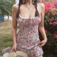 Drawstring bow tie floral print slim fit holiday suspender dress - Thumbnail 4