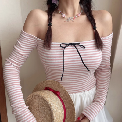 Off-shoulder striped long-sleeved slim-fit top bottoming shirt t-shirt