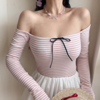 Off-shoulder striped long-sleeved slim-fit top bottoming shirt T-shirt - Thumbnail 1