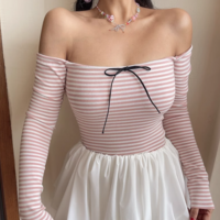 Off-shoulder striped long-sleeved slim-fit top bottoming shirt T-shirt - Thumbnail 2
