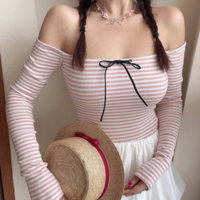 Off-shoulder striped long-sleeved slim-fit top bottoming shirt T-shirt - Thumbnail 3
