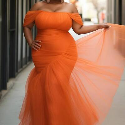 Plus size orange off the shoulder african girls prom dress party gown evening dress - Thumbnail 1