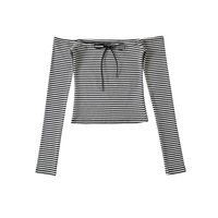 Off-shoulder striped long-sleeved slim-fit top bottoming shirt T-shirt - Thumbnail 4