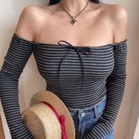 Off-shoulder striped long-sleeved slim-fit top bottoming shirt T-shirt - Thumbnail 5