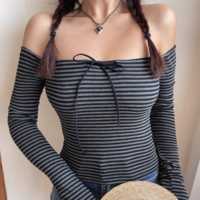 Off-shoulder striped long-sleeved slim-fit top bottoming shirt T-shirt - Thumbnail 7