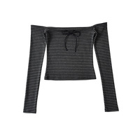 Off-shoulder striped long-sleeved slim-fit top bottoming shirt T-shirt - Thumbnail 8